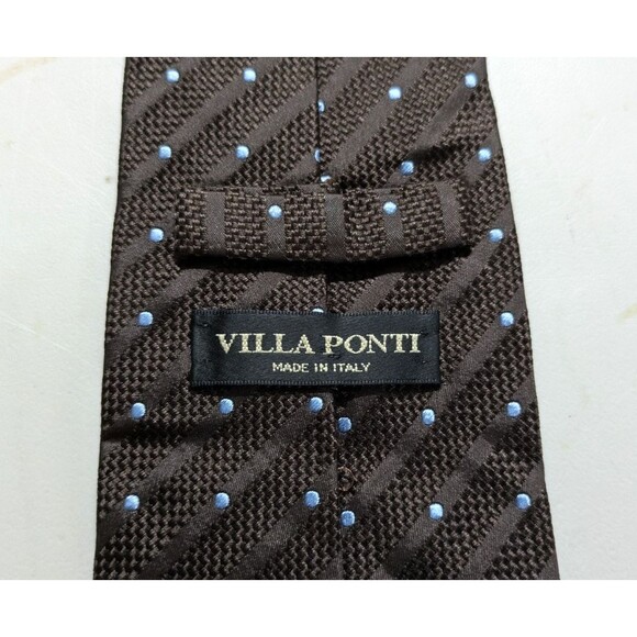 Villa Ponti Brown Silk Woven Blue Dot Tie Made In Italy 3.75" Wide - Picture 3 of 5